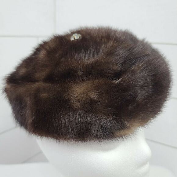 Vintage Pillbox Fur Hat Brown MCM Rhinestone Bling - Picture 1 of 6